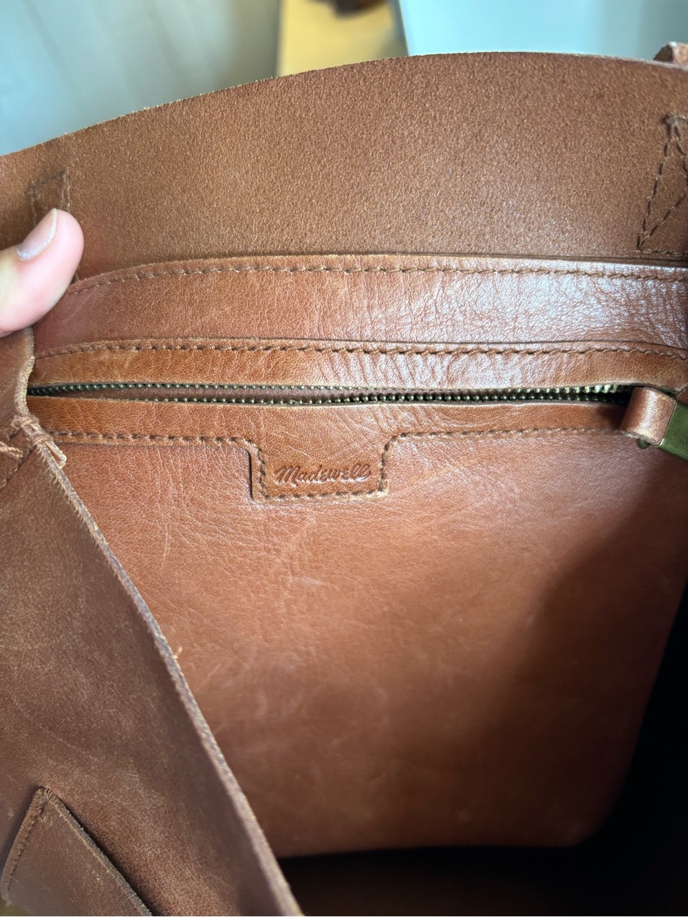 Madewell Medium Transport Tote Leather Bag English Saddle Brown Front Pocket - Picture 8 of 9